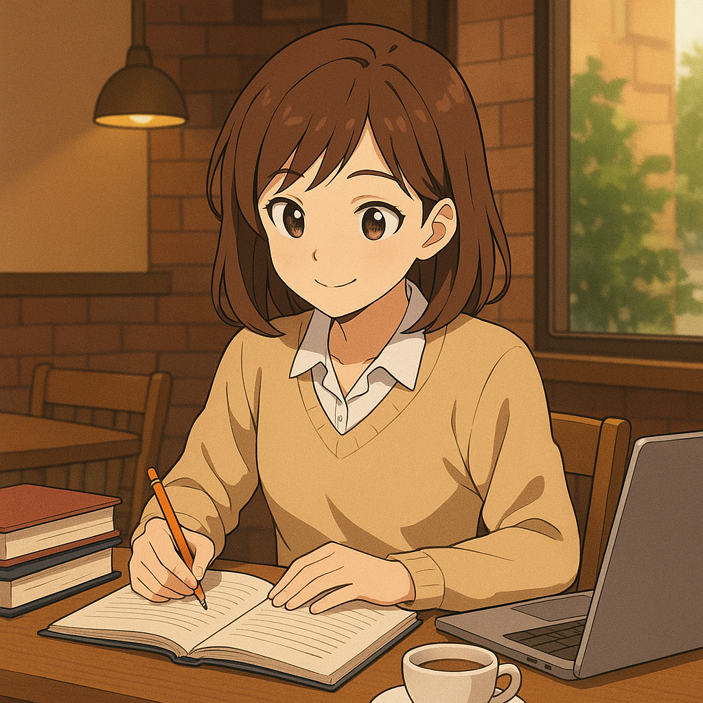 An anime girl sitting at the cafe table with books, laptop and coffee