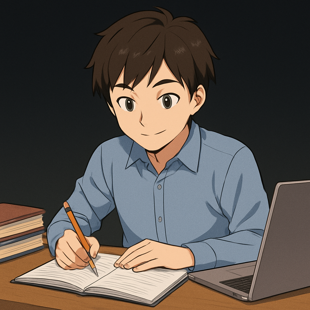 An anime boy sitting at the table with books and laptop